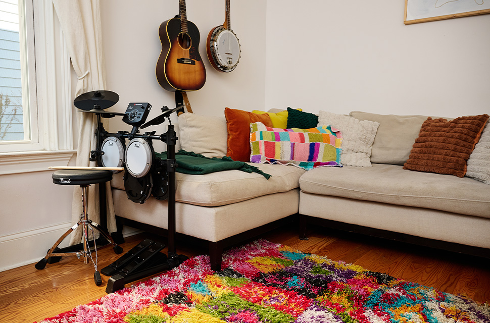 Compact drum set in living room