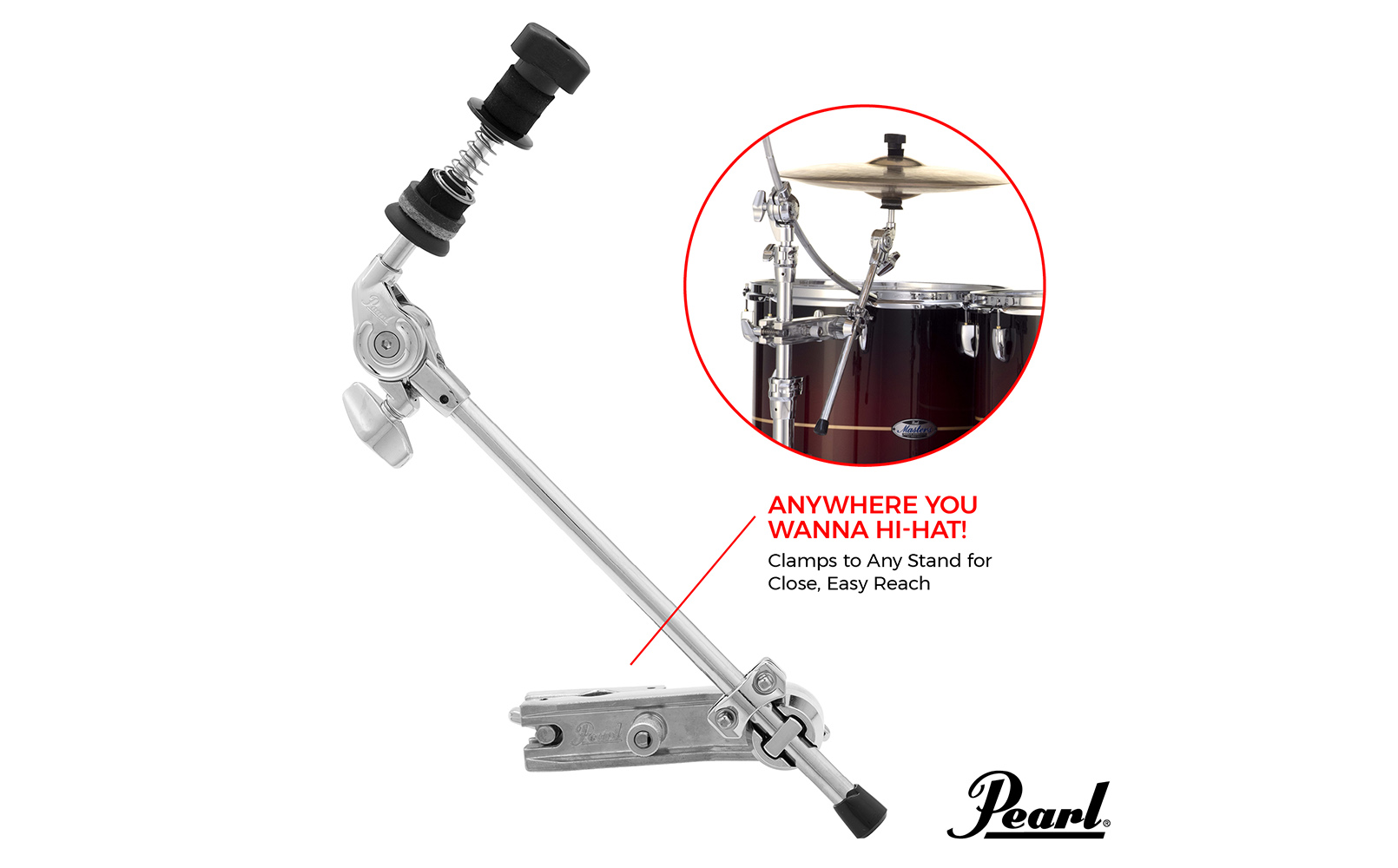 Pearl CLH70 Closed Hi-Hat Holder with 15 Solid Boom Arm Multi-Angle Mounting Clamp and Spring-Adjustable Cymbal Spread. UniLock Gearless Cymbal Tilter 