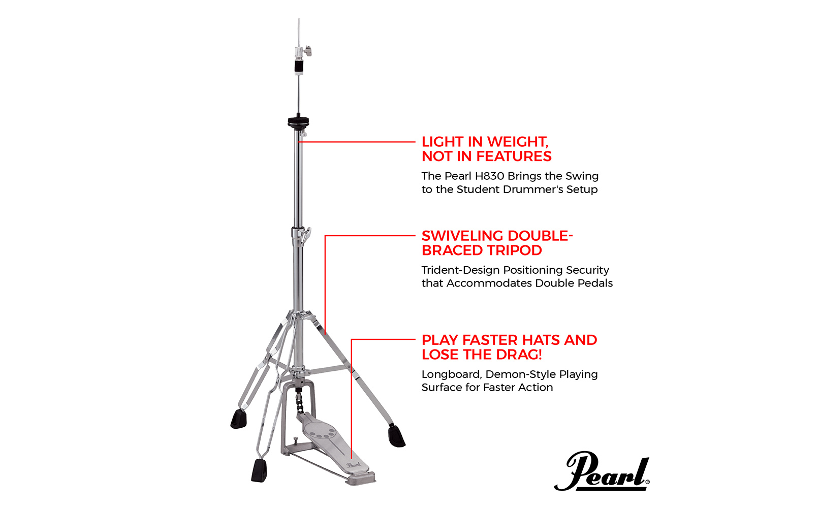 Pearl H-830 Hi Hat Cymbal Stand Double Braced Drum Hardware Brand New #HH102 