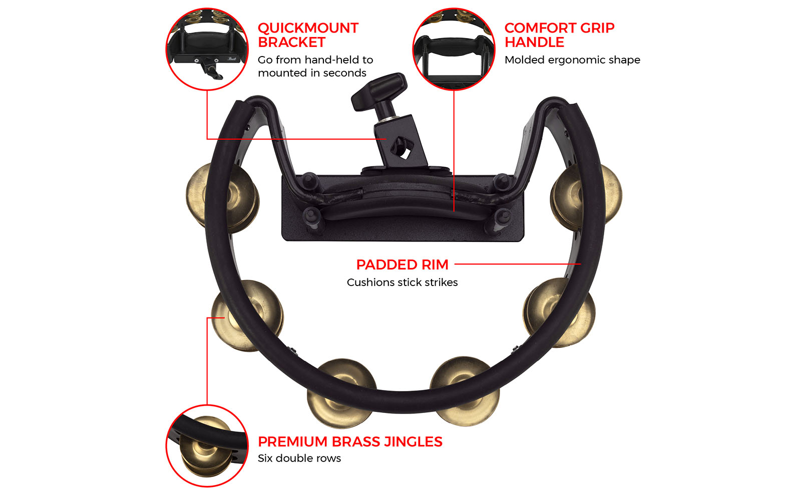 Quickmount Tambourine with Brass Jingles